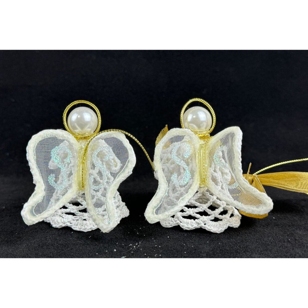 Avon Crocheted Lace Ornament Angels 13 inches White Gold Bow in Box F32908-1 - Picture 5 of 15